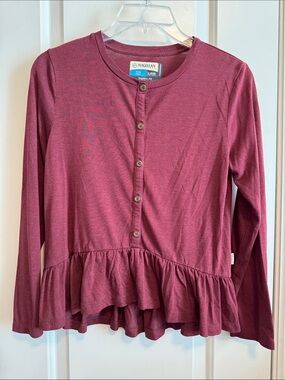Magellan Outdoors Maroon Button-Front Ruffle Hem Top